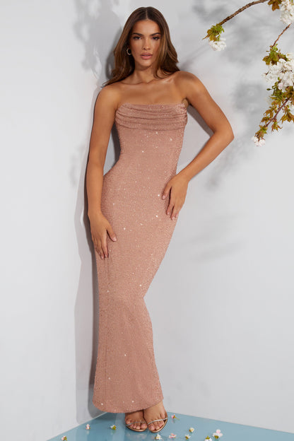 Süslenmiş Bandeau Boğazlı Maxi Elbise - Bej