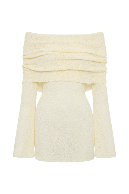 Marisol Omuz Açık Boucle Mini Elbise - Ivory
