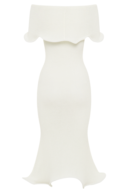 Molly Omuzdan Düşük Triko Midi Elbise - Ivory
