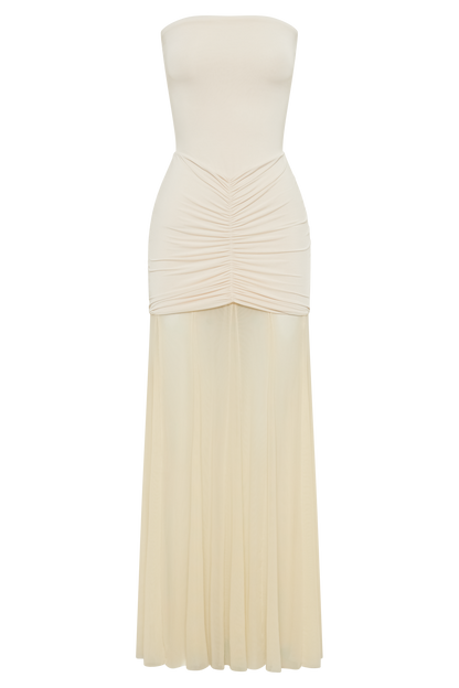 Caspian Slinky Ve File Off Shoulder Maxi Elbise - Ivory