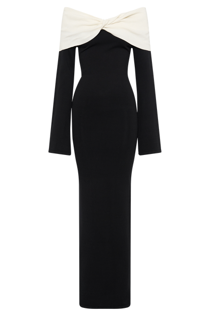Yoko Kontrast Triko Maxi Elbise - Siyah/Beyaz