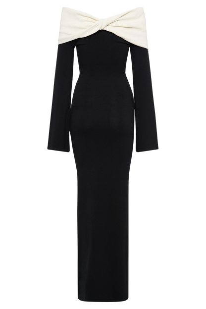 Yoko Kontrast Triko Maxi Elbise - Siyah/Beyaz