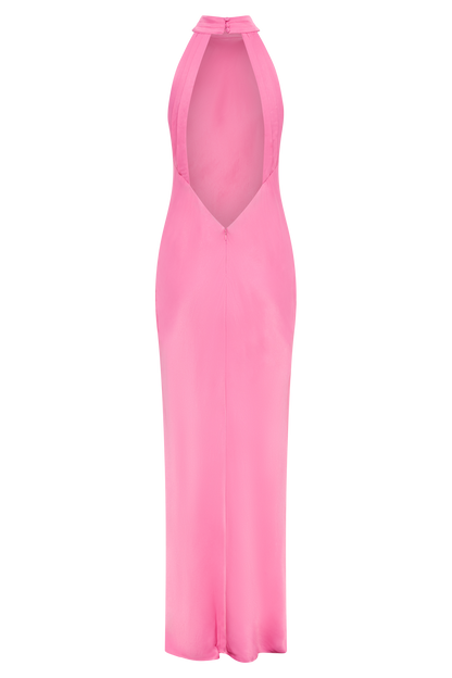 Claire Satin Drape Back Maxi Dress with Split - Pembe