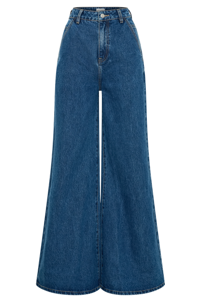 Jen Geniş Paça Fırfır Denim Pantolon - Koyu Mavi