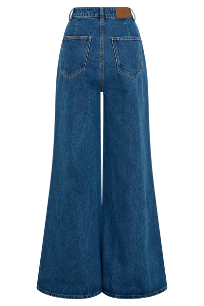 Jen Geniş Paça Fırfır Denim Pantolon - Koyu Mavi