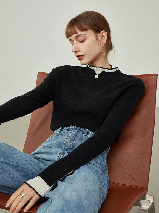 Kontrast Trim Mock Neck Örgü Üst