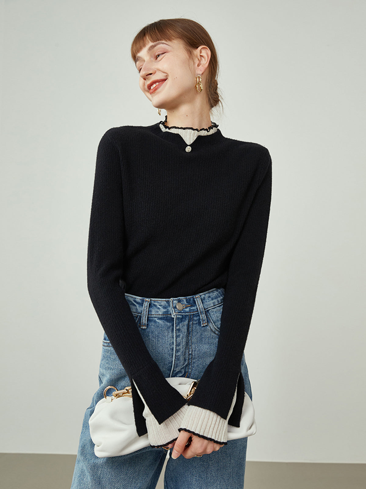 Kontrast Trim Mock Neck Örgü Üst