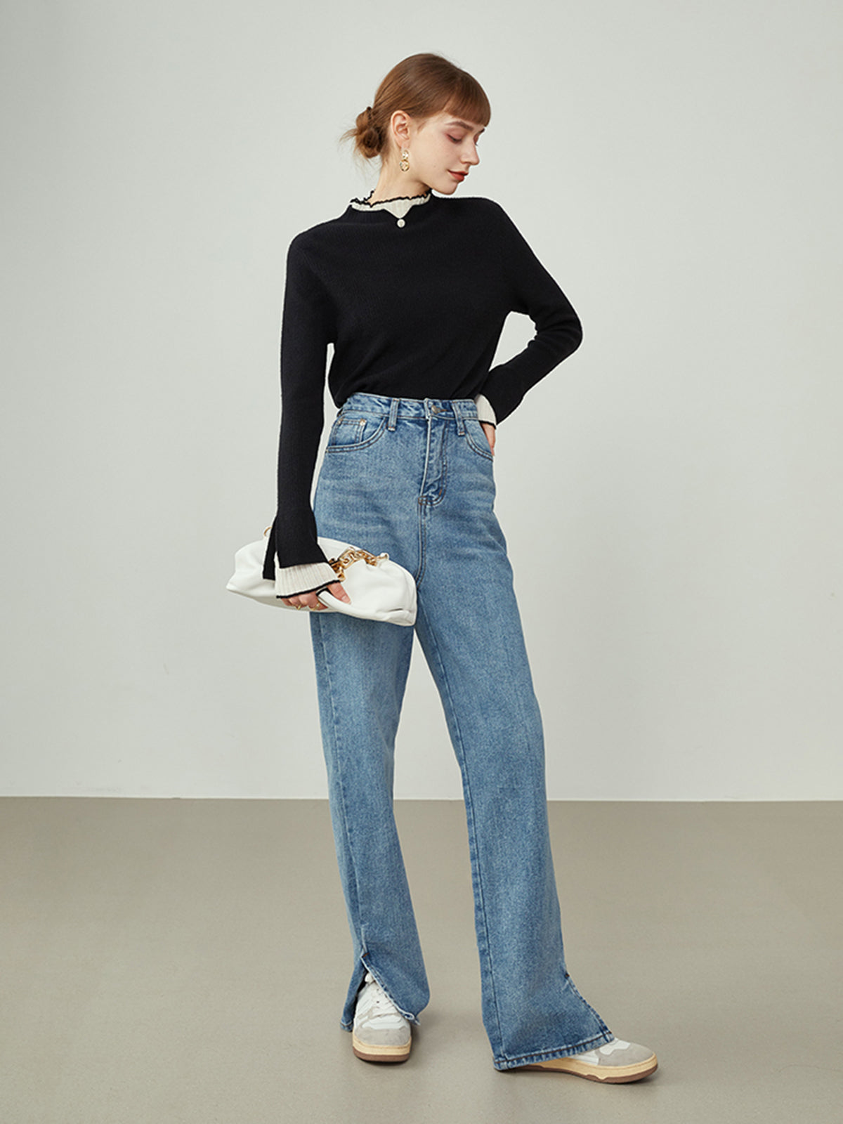 Kontrast Trim Mock Neck Örgü Üst