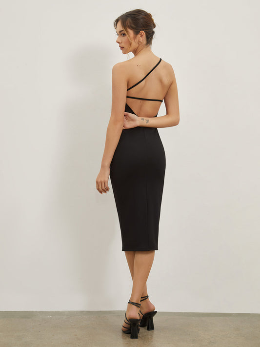 Asymmetric Strap Open Back Midi Dress