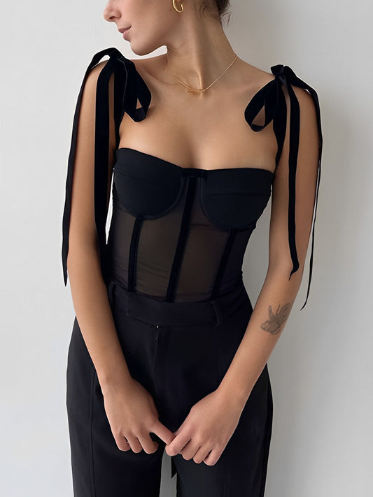 Yarım Şeffaf Bağlı File Crop Top