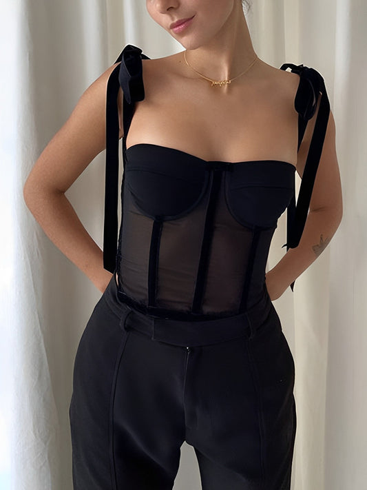 Yarım Şeffaf Bağlı File Crop Top