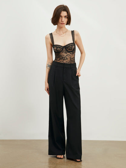 Yarı Şeffaf Çiçek Desenli Dantel Büstiyer Bodysuit