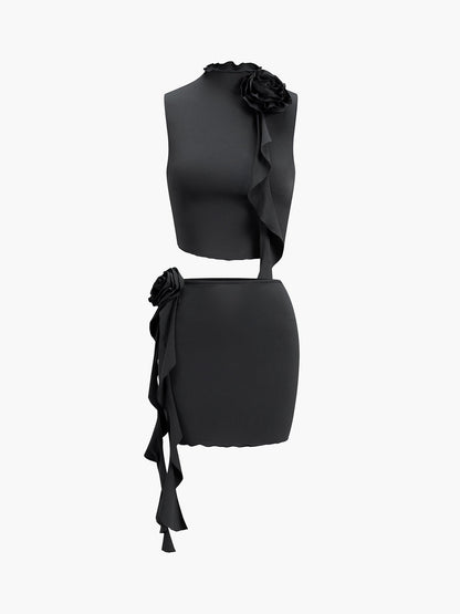 Rosette Ruffle İki Parça Etek Takımı