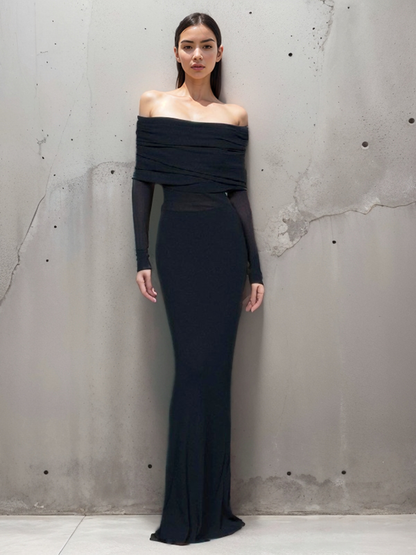 Yarı Şeffaf Tek Omuzlu File Uzun Kolu Uzun Elbise