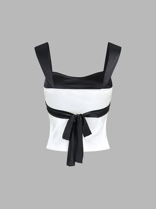 Semi-Sheer Two Tone Satin Tied Zippered Top