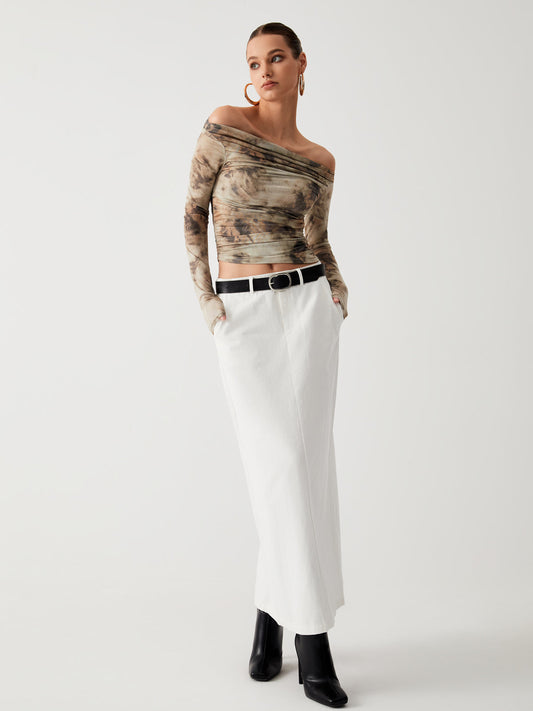 Yarı Şeffaf Tül Ağı Mesh Off Shoulder Uzun Kol Kısa Üst