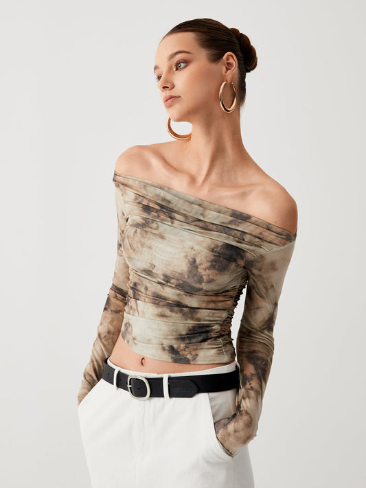 Yarı Şeffaf Tül Ağı Mesh Off Shoulder Uzun Kol Kısa Üst