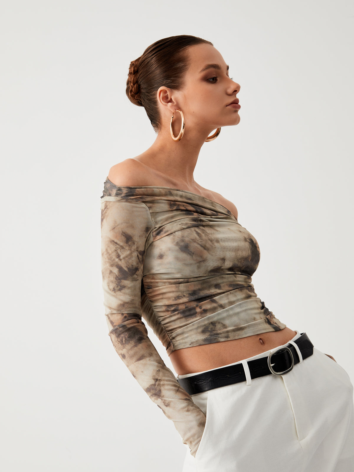 Yarı Şeffaf Tül Ağı Mesh Off Shoulder Uzun Kol Kısa Üst