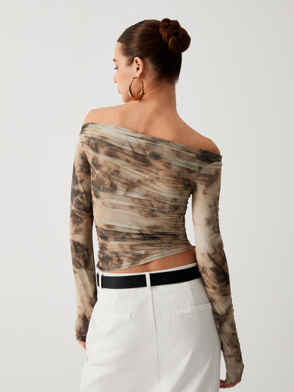 Yarı Şeffaf Tül Ağı Mesh Off Shoulder Uzun Kol Kısa Üst