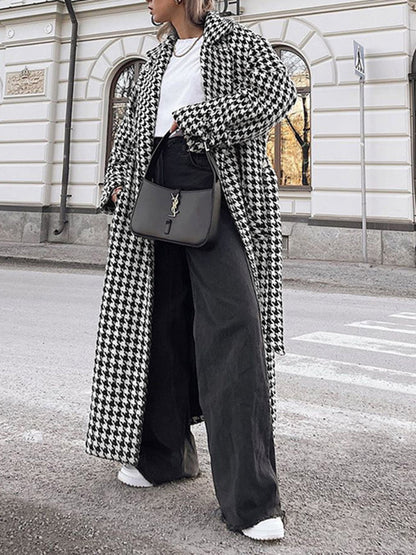 Aşırı Büyük Houndstooth Keten Trençkot