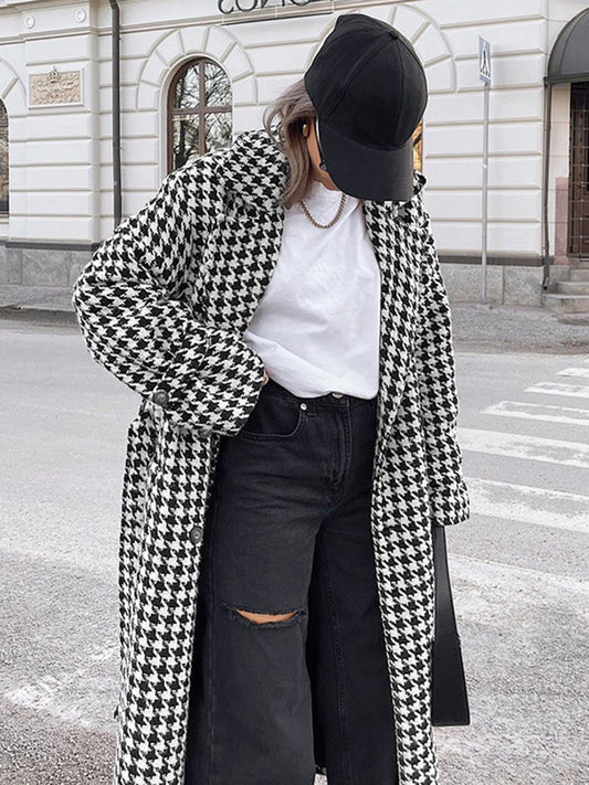 Aşırı Büyük Houndstooth Keten Trençkot