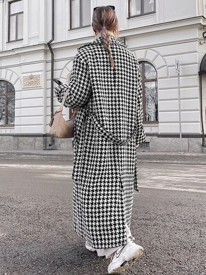 Aşırı Büyük Houndstooth Keten Trençkot