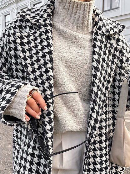 Aşırı Büyük Houndstooth Keten Trençkot