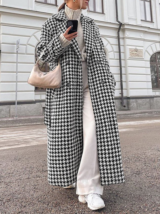 Aşırı Büyük Houndstooth Keten Trençkot