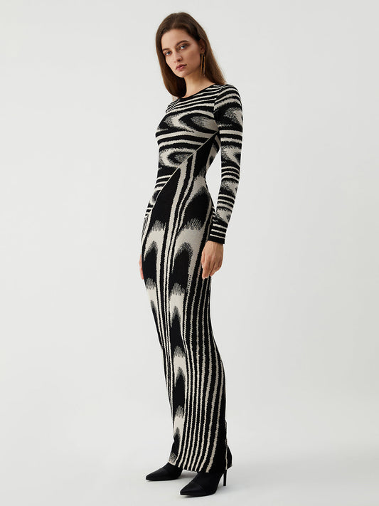 Zebra Desenli Uzun Kollu Kazak Elbisesi