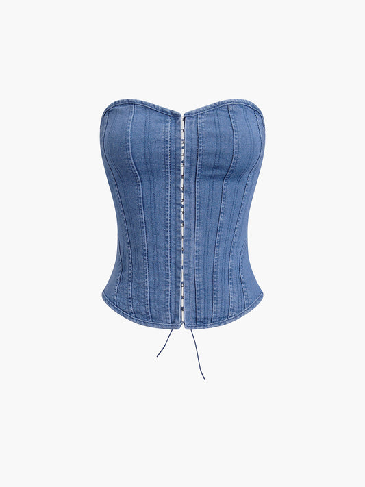 Kanca ve Göz Bağlamalı Denim Korsaj Üstü