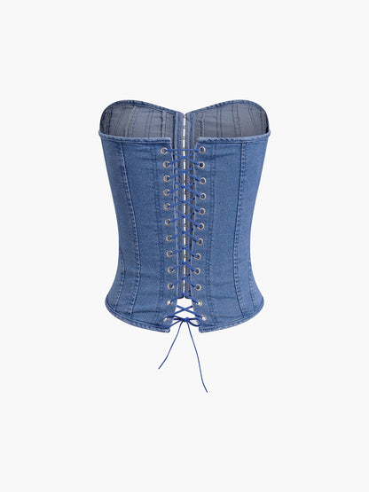 Kanca ve Göz Bağlamalı Denim Korsaj Üstü