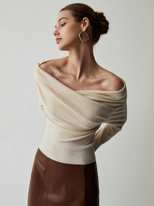 Open Shoulder Wrapped Long Sleeve Knit Top