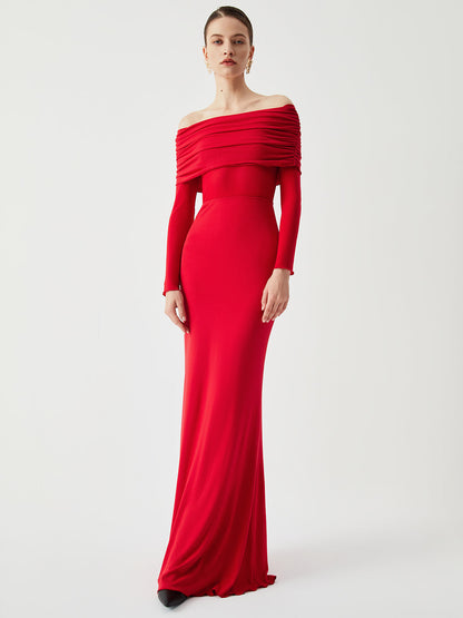 Yarı Şeffaf Tek Omuzlu File Uzun Kolu Uzun Elbise