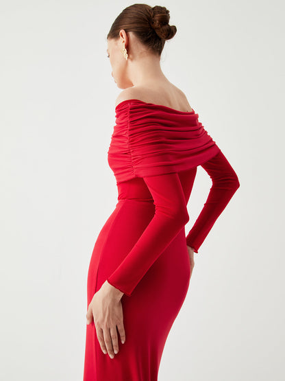 Yarı Şeffaf Tek Omuzlu File Uzun Kolu Uzun Elbise