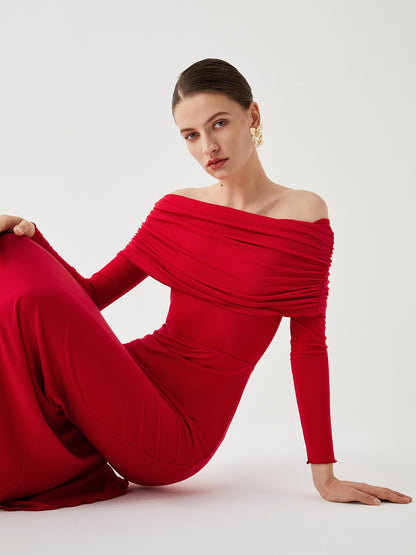 Yarı Şeffaf Tek Omuzlu File Uzun Kolu Uzun Elbise