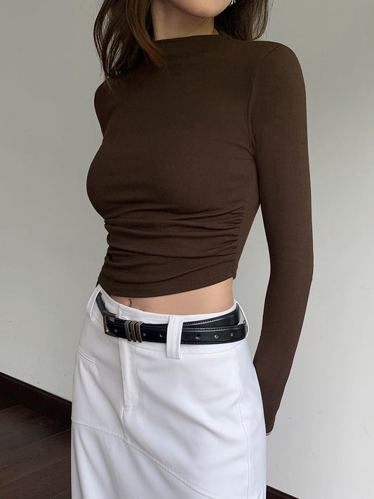 Mock Neck Slinky Uzun Kollu Ribanalı Triko Kısa Tişört
