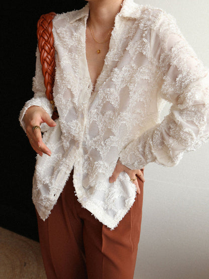 Semi-Transparent Jacquard Floral Patterned Collared Shirt