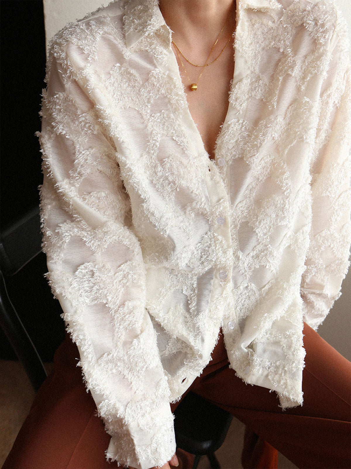 Semi-Transparent Jacquard Floral Patterned Collared Shirt