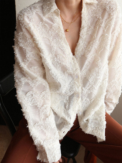 Semi-Transparent Jacquard Floral Patterned Collared Shirt