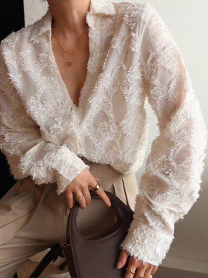 Semi-Transparent Jacquard Floral Patterned Collared Shirt