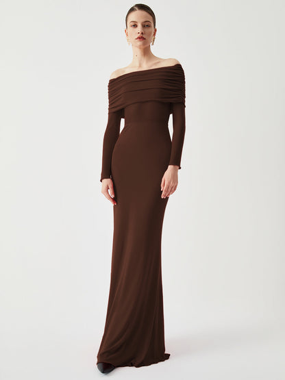 Yarı Şeffaf Tek Omuzlu File Uzun Kolu Uzun Elbise