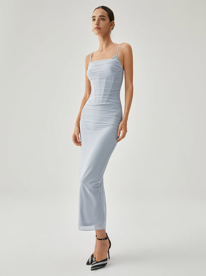 Fluffy Draped Slit Mesh Long Dress