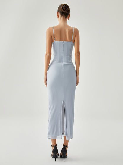 Fluffy Draped Slit Mesh Long Dress