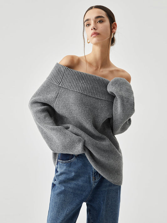 Aşırı Boyutlu Off Shoulder Örgü Kazak