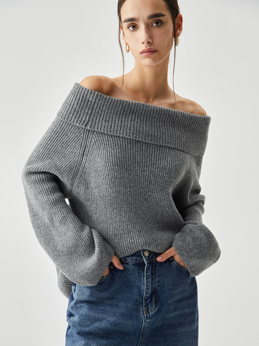 Aşırı Boyutlu Off Shoulder Örgü Kazak