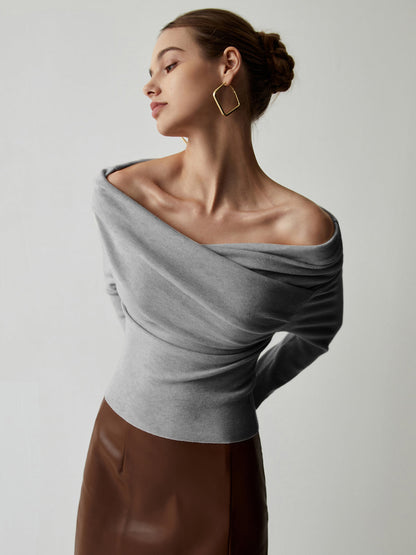 Open Shoulder Wrapped Long Sleeve Knit Top