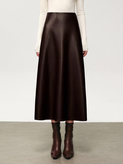 Katlanmış Sahte Deri Midi Etek