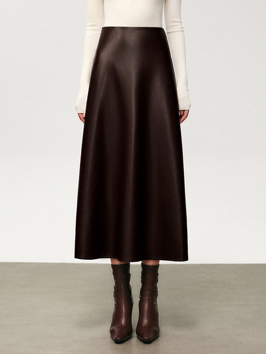 Katlanmış Sahte Deri Midi Etek
