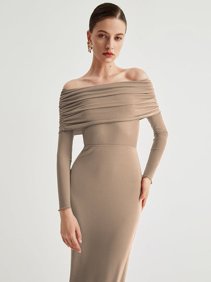 Yarı Şeffaf Tek Omuzlu File Uzun Kolu Uzun Elbise