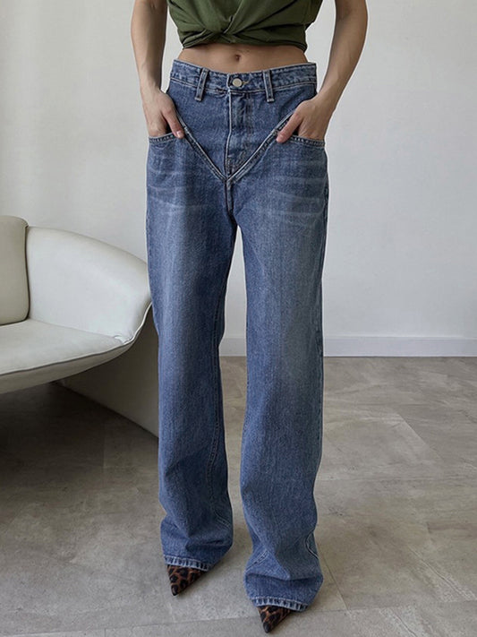 Vintage Yıkama Denim Düz Paça Kot Pantolon
